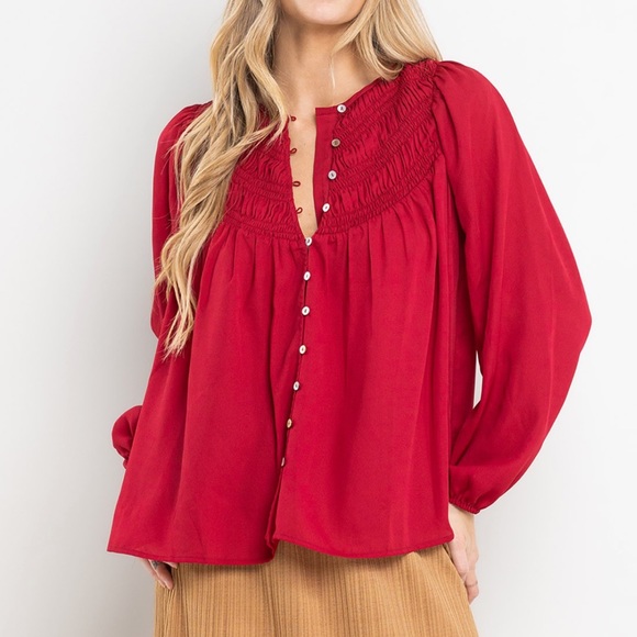 Boho Solid Shirring Detailed Blouse Top size small - Picture 3 of 7
